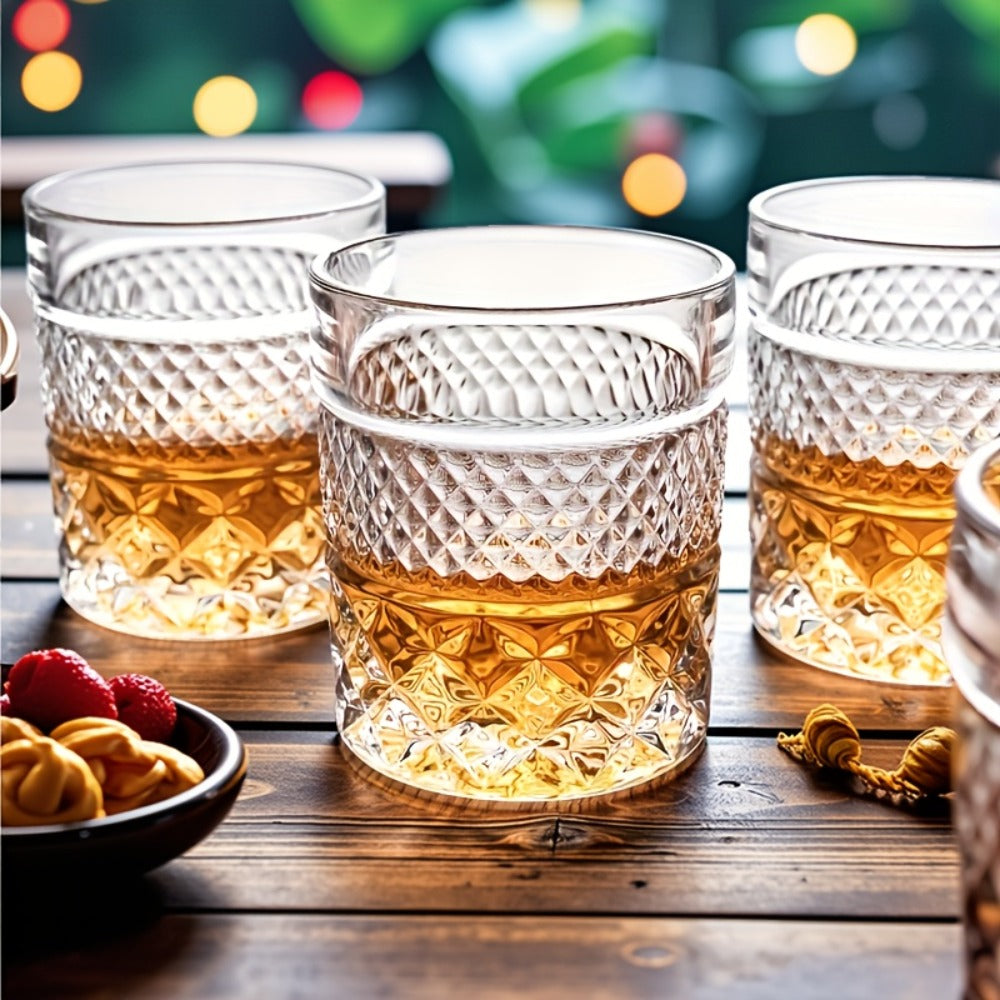 Single Embossed Whiskey Tumbler with Square Rim, Diamond-Cut Pattern and Thick Clear Base for Home Bar Service