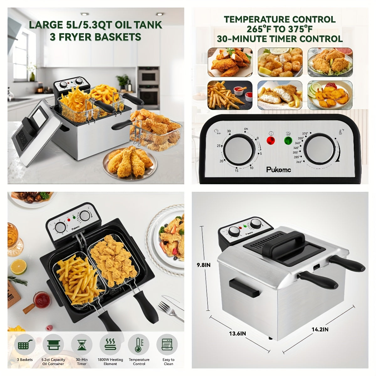 Electric Deep Fryer Stainless Steel Basket 1.5L to 6L – Adjustable Temperature Foldable Handle Transparent Window Anti-Splash Lid | Dishwasher Safe Easy Clean | Home Family Dinner Party Kitchen