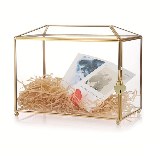 Wedding Card Box with Lock Glass Gold Transparent Slot Lid 10.2x5.9x8.3 In Holds 100 Cards for Wedding Baby Shower Birthday Party