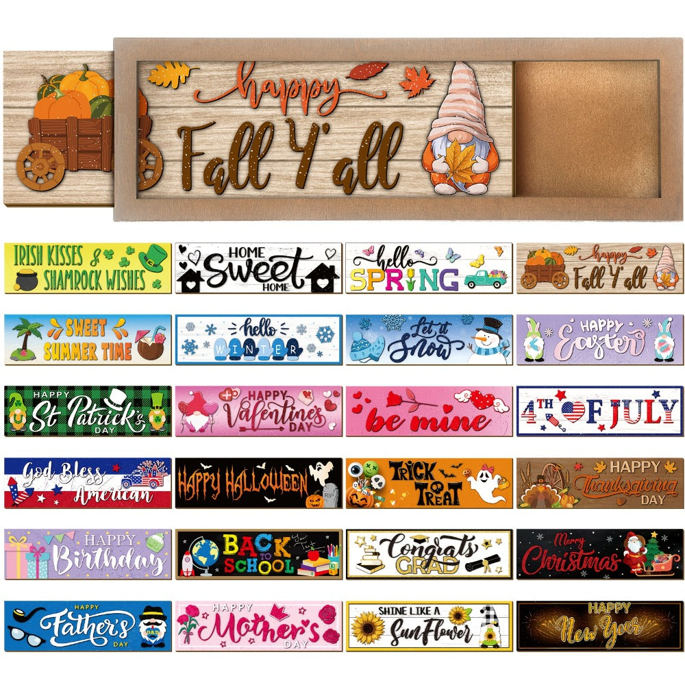 Twenty-Five-Piece Interchangeable Seasonal Welcome Sign Set with Wood Frame and Holiday Message Inserts