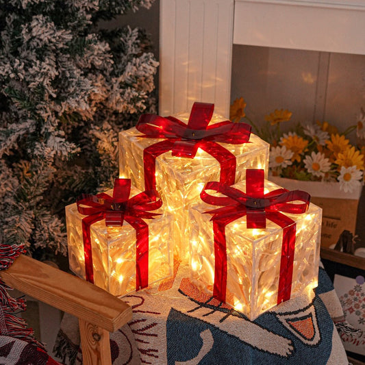 Christmas Light-Up Gift Boxes Set of 3 – USB & Battery LED Warm White Lighted Decorations with Timer, 8 Lighting Modes, Red Bow, Indoor Outdoor Holiday Home Decor