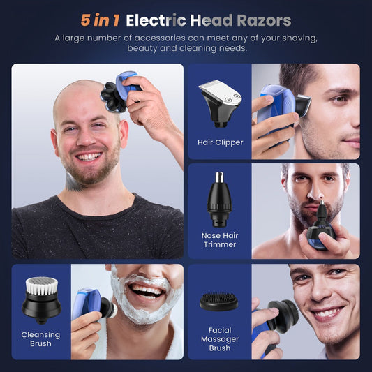 Electric Head Shaver for Bald Men 7D 7 Floating Heads — All-in-One Grooming Kit with Nose Hair Trimmer & Facial Cleaning Brush, 1.5H Fast Charging, Travel Lock, Rechargeable Men's Razor Gift Set (Blue/Black/Gold/Coffee)