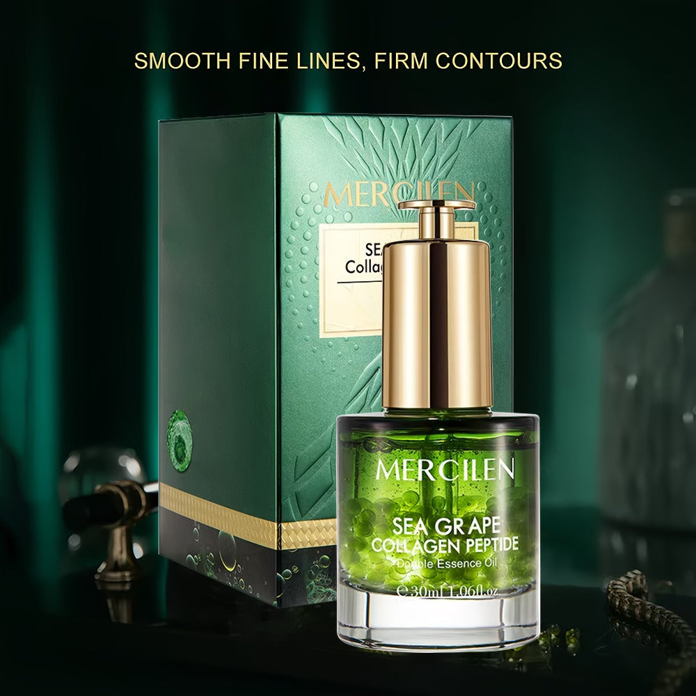 Face Serum Mercilen Sea Grape, Collagen Peptide and Squalane Essence Oil in a Green Pump Bottle