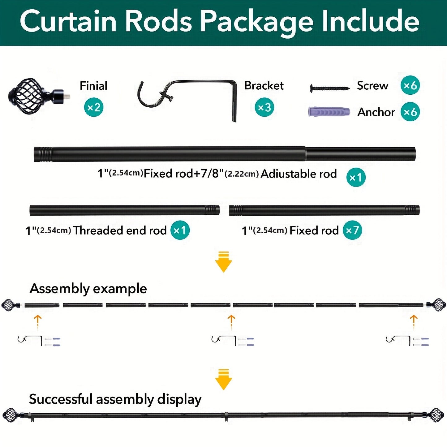 Black Adjustable Curtain Rod with Lattice Finials and Four Length Ranges from 18–32 to 34–152 Inches