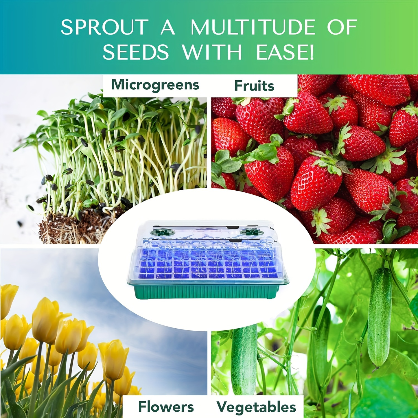 Four-Set 160-Cell Seed Starting Tray Kit with Eight LED Grow Lights, Timer and High-Dome Covers