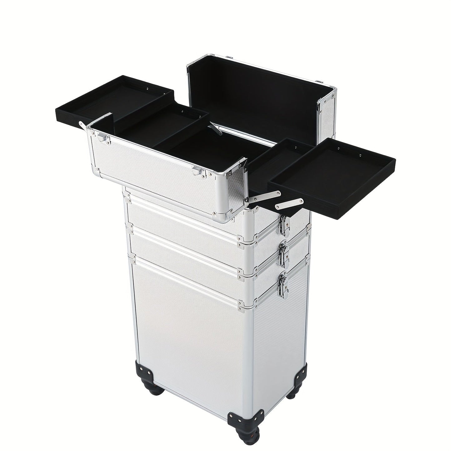 Four-in-One Rolling Makeup Case with Aluminum Frame, Swivel Wheels and Black, Pink or Silver Options