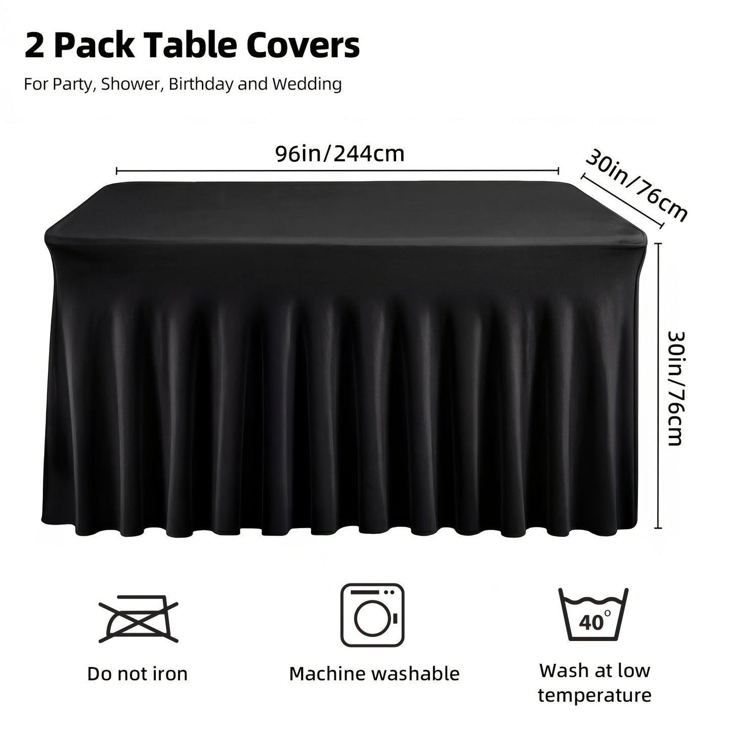 Pleated Rectangle Table Skirts in Black or White with One-, Two- or Four-Piece and Four-Foot Options