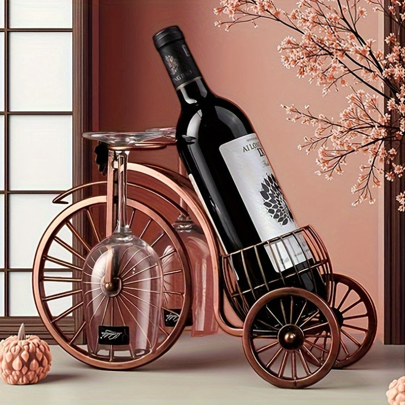 Wine Rack Bicycle Shaped - Holds 1 Bottle & 2 Glasses, Vintage Iron Bike Wine Holder for Home Decor, Tabletop Display, Parties & Gifts, Polished Finish