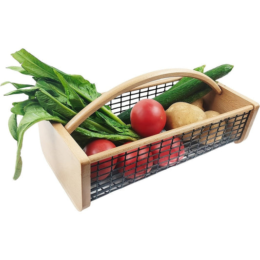 Garden Harvest Basket Metal Mesh with Wooden Handle – Rectangle Vegetable Fruit Picking Basket for Garden, Kitchen & Farmhouse Storage, Wash & Drain Design, Small & Large, Black