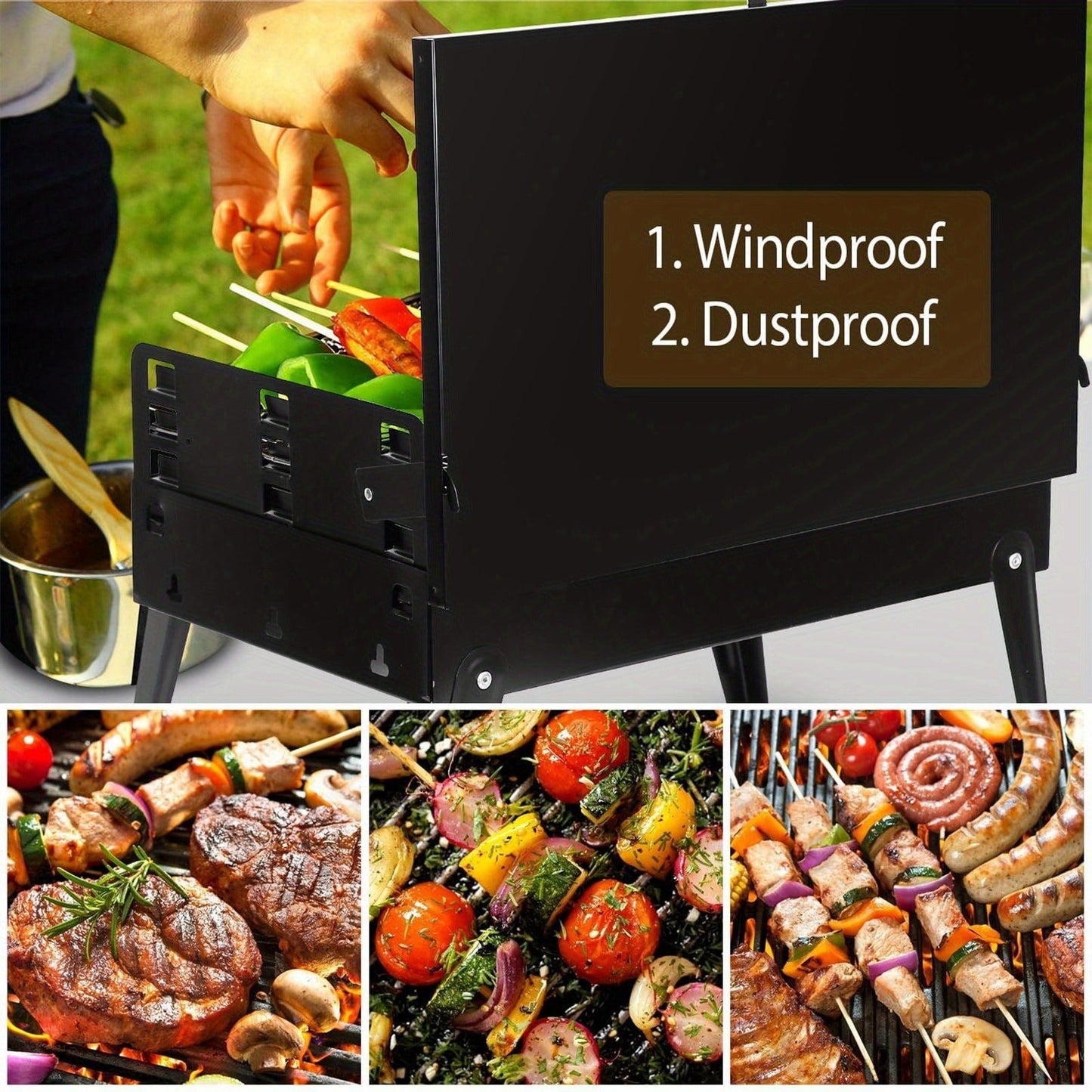 Portable Folding Charcoal Grill with Hood, Raised Grate, Side Vents and Compact Black Steel Body