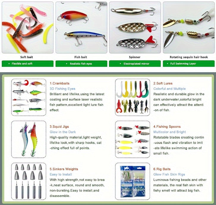 Fishing Lure Set 346-Piece Mixed Tackle Assortment with Hard Baits, Soft Baits, Hooks, Weights and Tiered Storage Box