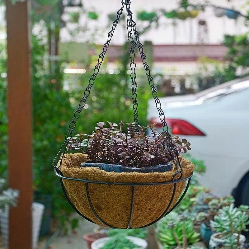 Three-Piece Hanging Flower Basket Set with 10-Inch Coco Liners, Metal Chains and S-Hooks for Porch or Balcony