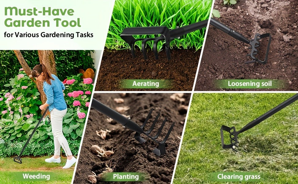 2-in-1 Garden Hand Tool with Stirrup Hoe, Four-Tine Cultivator and 62-, 73- or 82-Inch Sectional Handle