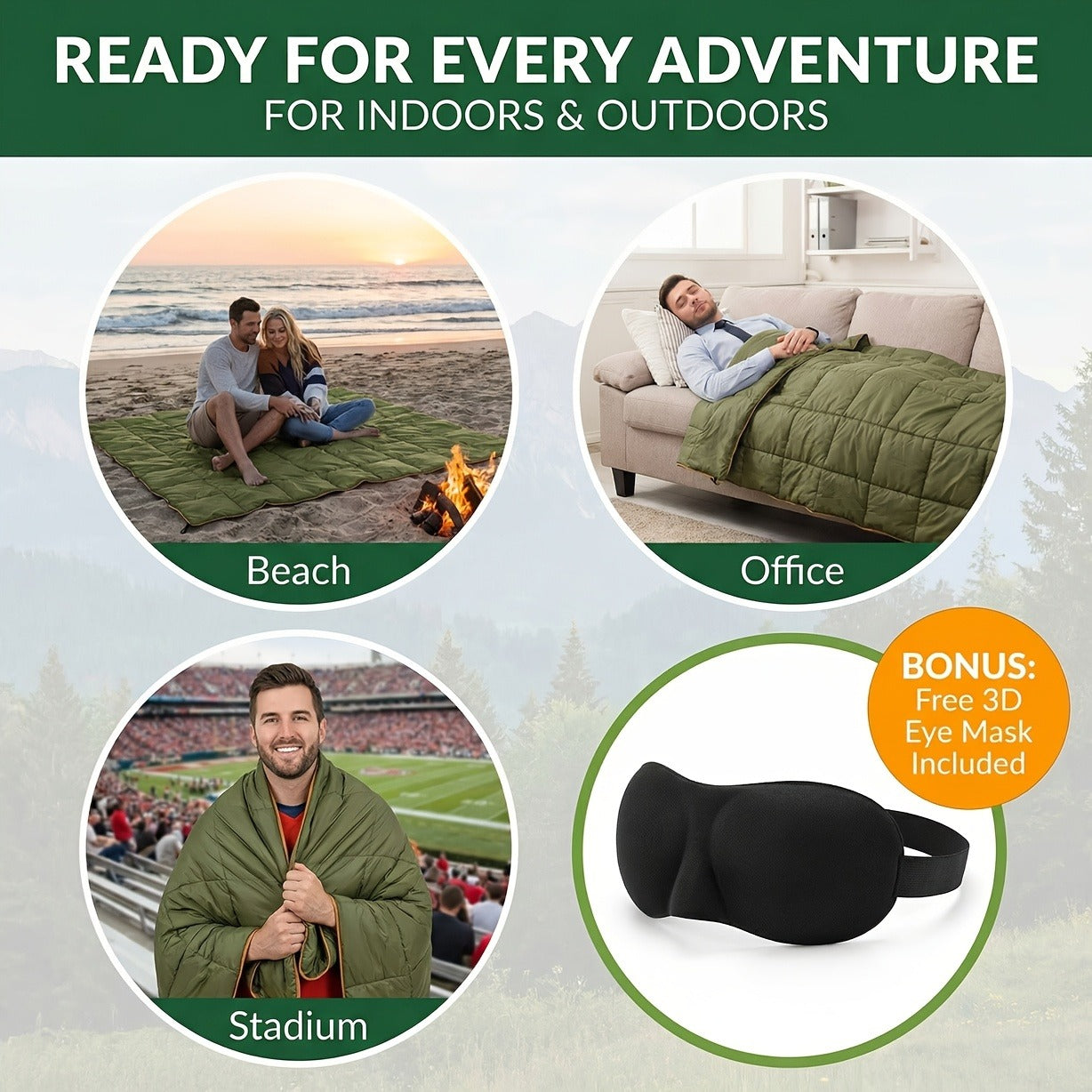 Puffy Camping Blanket Foldable Lightweight Water Resistant with 3D Eye Mask - DWR Coated Outdoor Blanket for Camping, Hiking, Travel, Beach, Stadium & Car, Warm Packable Throw in 4 Colors, 55" x 78"
