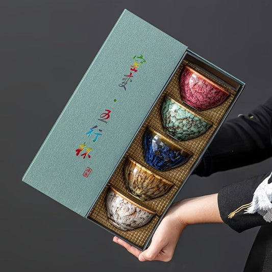 Kung Fu Tea Cups Set of 5 – Handmade Kiln-Fired Jianzhan Ceramic Teacups – Five-Element Design in 5 Colors with Gift Box – Elegant Chinese Tea Ceremony Cup Gift for Business, Friends & Family