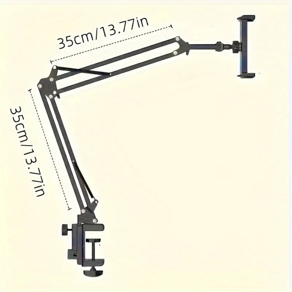 Long-Arm Tablet Stand with Desk Clamp, Two 35 cm Articulating Sections and Rotating 4–13 Inch Device Holder