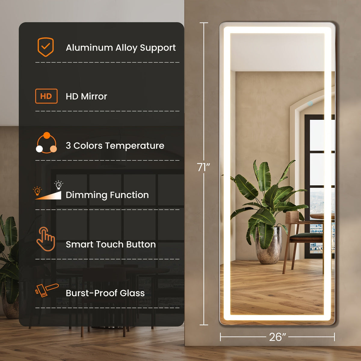 LED Full Length Mirror with Lights, Touch Control Lighted Full Body Mirror for Entryways, Bedrooms and Living Spaces