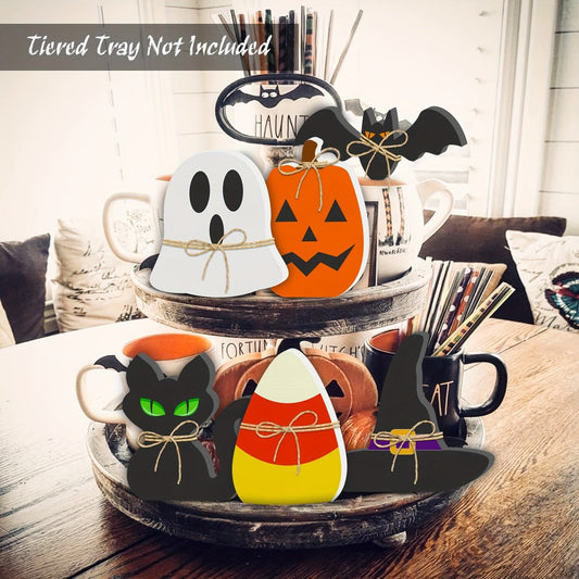 Halloween Wooden Decorations Set of 6 – Freestanding Rustic Table Signs with Pumpkin, Ghost, Bat, Black Cat, Witch Hat & Candy Corn, Farmhouse Tiered Tray & Mantle Decor
