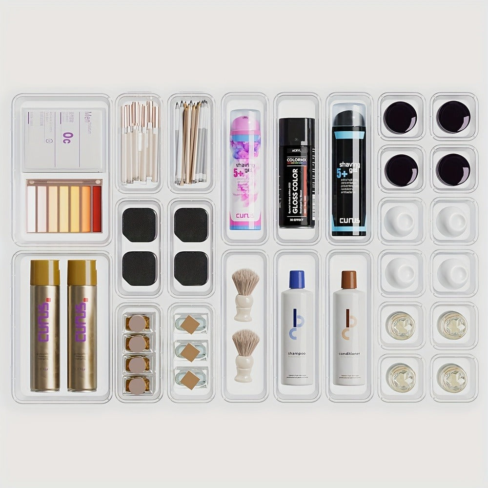 Drawer Storage Organizer Set 25-Piece Transparent PET Boxes for Vanity, Desk and Dresser Use