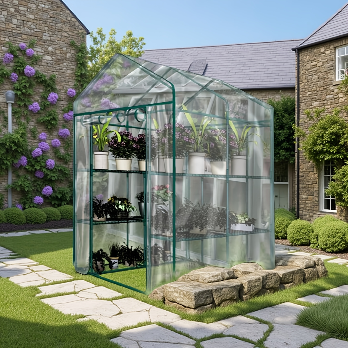Walk-In Greenhouse Outdoor with Screen Windows, PE Cover, Portable Plant Shelter with Shelving Clips