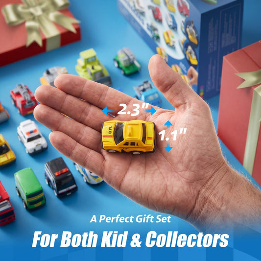 18-Piece Pull Back Mini Cars Set for Kids – City Vehicles Fire Truck Police Car School Bus Freight Train, Friction Powered Toy Cars Boys Girls Ages 3+ Party Favors Gift