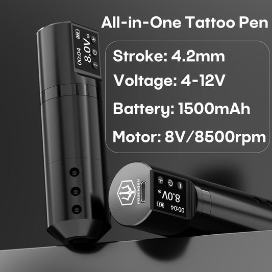 Wireless Tattoo Machine Kit Complete - POSEIDON V5 Rotary Pen with LCD Screen 1500mAh Battery 6H Runtime 10 Needles 11 Ink Bottles Full Tattoo Supplies for Beginners & Professional Artists