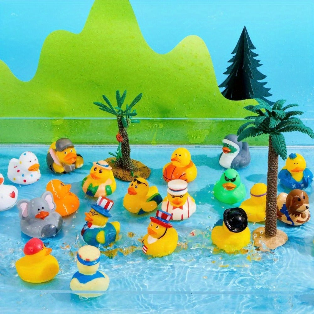 30-Piece Mini Duck Bath Toy Assortment with 2-Inch Character Designs and Mesh Storage Bag Pictured