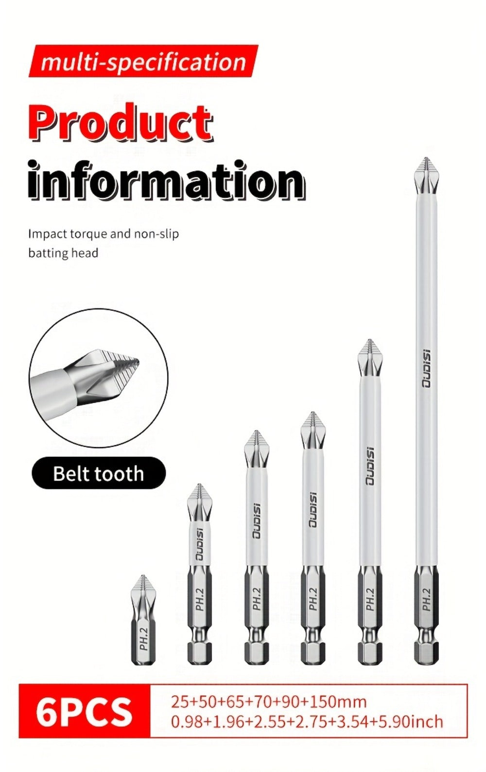 Six-Piece PH2 Magnetic Screwdriver Bit Set in 25, 50, 65, 70, 90 and 150 mm Lengths for Drills and Drivers