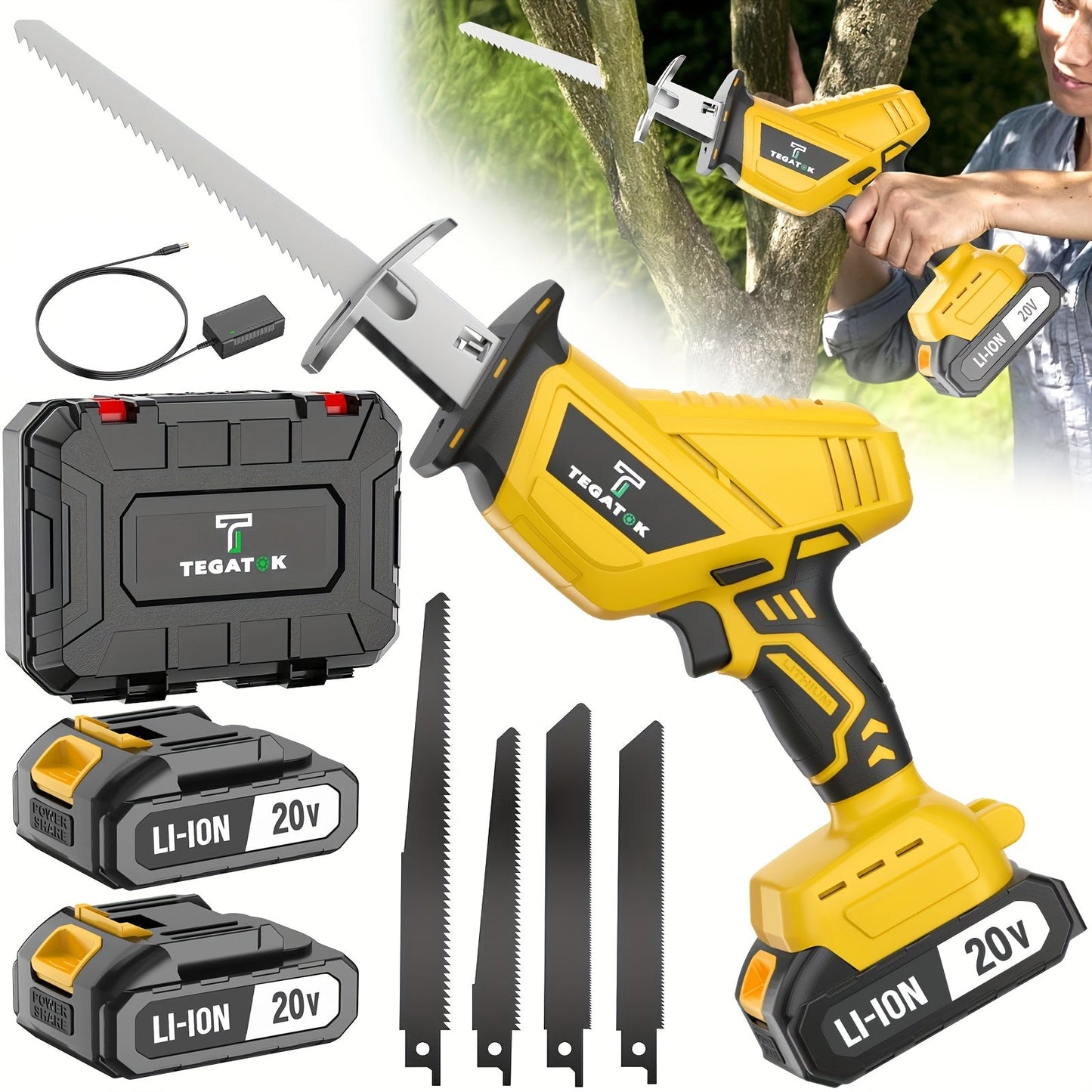 Electric Reciprocating Saw Cordless with LED Light & Safety Lock – Multi-Purpose Cutting Tool with Replaceable Blades, 1 or 2 Battery Options, Carrying Case Included