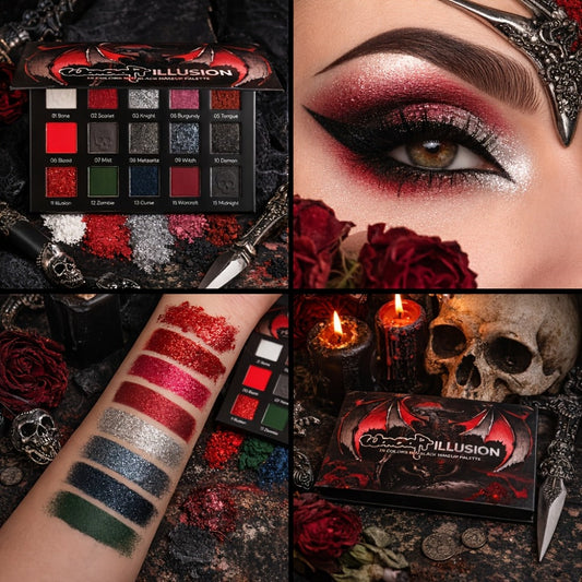 Eyeshadow Palette 15-Shade Dark Gothic Color Mix with Matte, Shimmer and Glitter Finishes in Black Case
