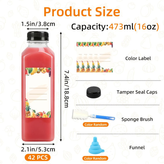 16oz Plastic Juice Bottles with Caps Reusable Clear Beverage Containers Bulk Set with Lids Funnel & Brush for Juice Smoothies Milk
