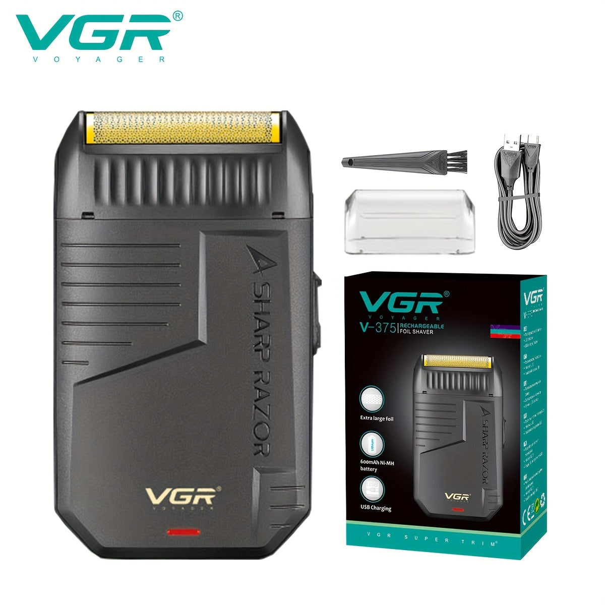 Electric Shaver VGR Cordless Foil Razor with USB Rechargeable Power in Black, Models V-363 or V-375