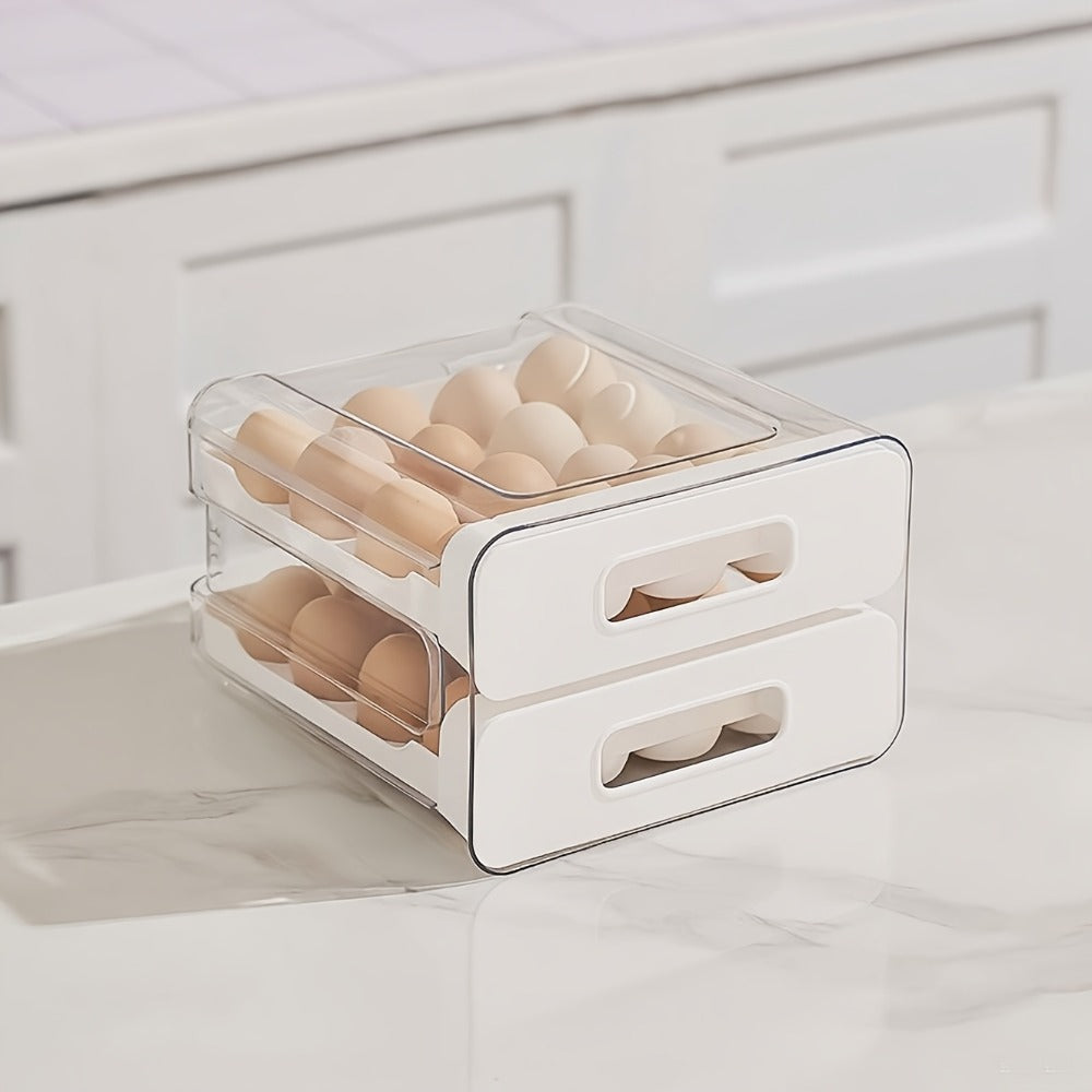 White Double-Layer Refrigerator Egg Storage Drawer with 32-Grid Tray and Clear Stackable Cover