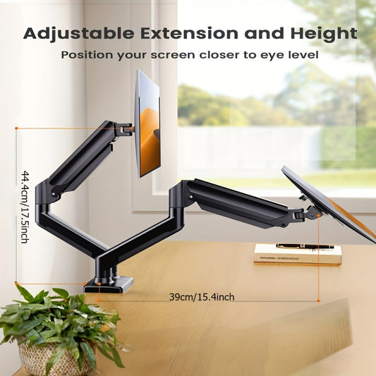 Aluminum Alloy Gas Spring Monitor Arm 19.8 lbs, Full Motion Swivel Tilt Rotate, Ergonomic Desk Mount for 13-32 Inch Screens, C-Clamp & Grommet Base, Space-Saving Home Office Stand
