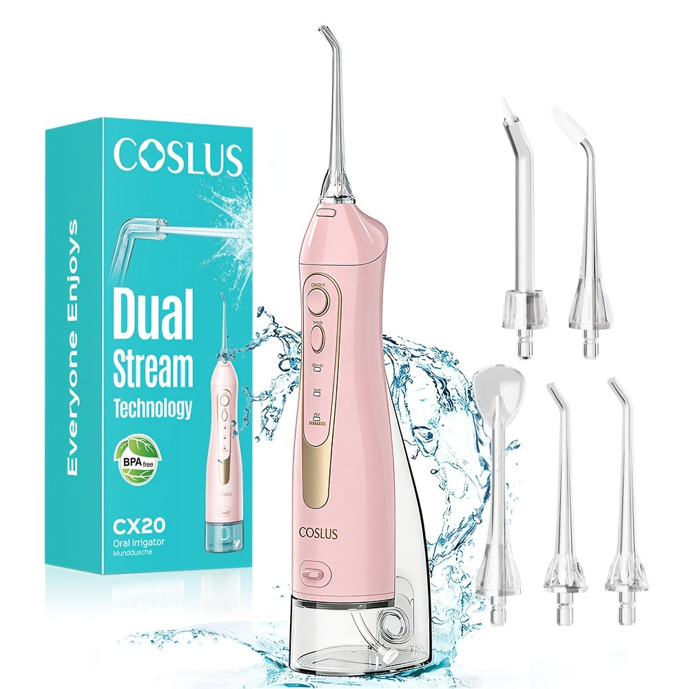 Water Flosser COSLUS CX20 Cordless Oral Irrigator with 300ml Detachable Tank, Five Tips, Rotating Nozzle and Gold Accents