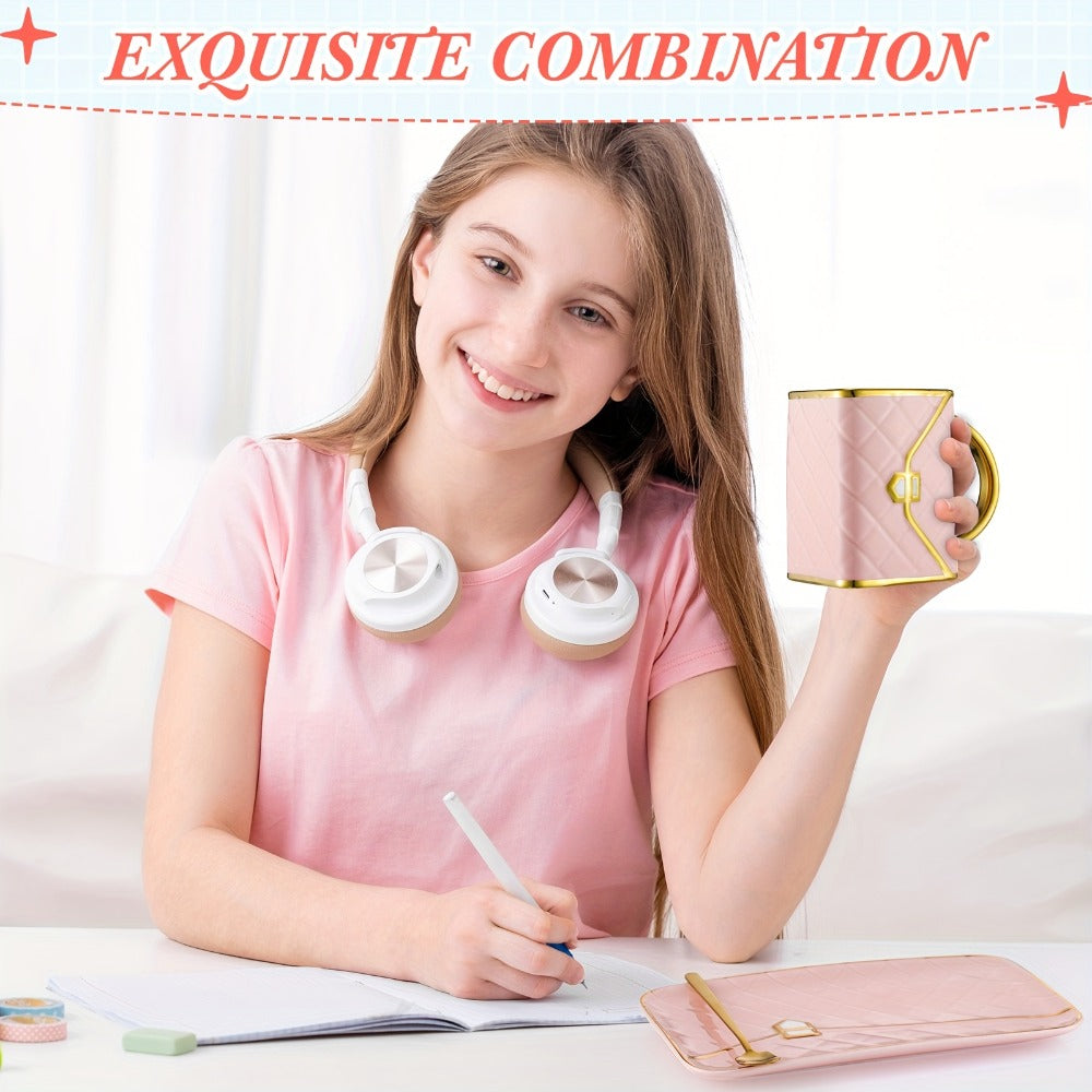 Four-Piece Purse-Shaped Coffee Mug Set with 10oz Cups, Matching Saucers and Metal-Look Spoons