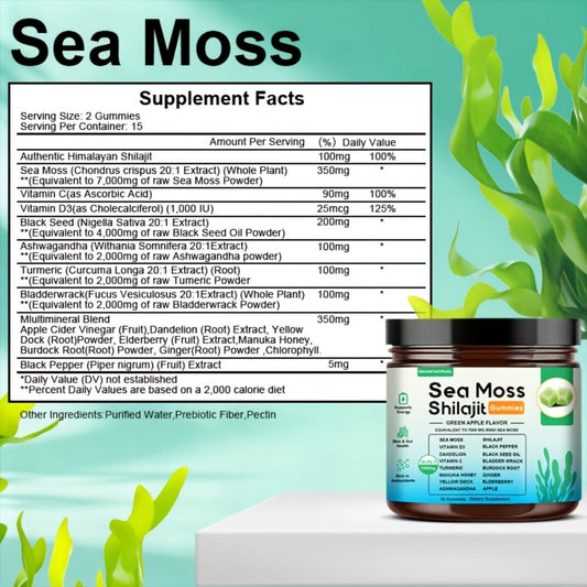 16-in-1 Sea Moss & Shilajit Gummies with Turmeric, Ashwagandha & Black Seed – Plant-Based Immune & Digestive Health Supplement | Green Apple Flavour | 30 Gummies | ShopVora UK