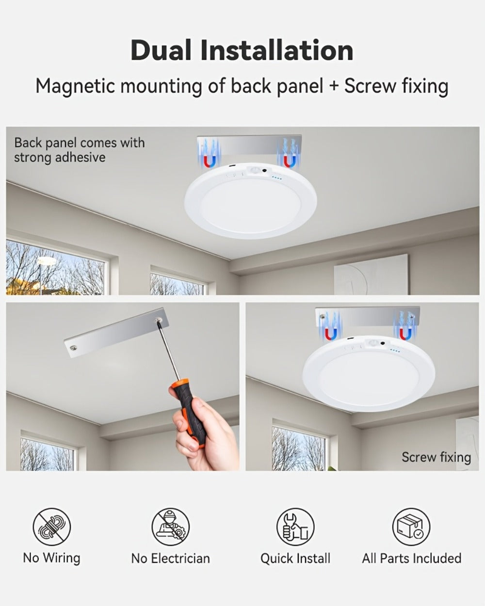 Wireless LED Ceiling Light with Motion Sensor 2 Pack - 5500mAh Rechargeable, Remote Control, 3 Brightness Modes, Magnetic Mount, No Wiring for Living Room, Kitchen, Bathroom, Hallway & Corridor