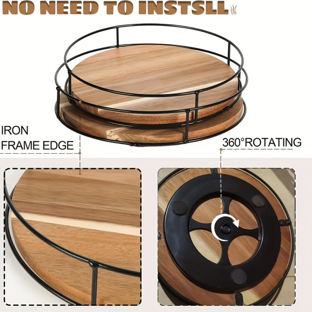 Wooden Turntable Kitchen Organizer 12-Inch Rotating Tray with Steel Armrests for Pantry or Countertop