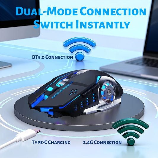 Bluetooth 5.0 2.4G Dual Mode Wireless RGB Gaming Mouse Silent 6 Button Ergonomic USB-C Rechargeable Breathing Light for PC Laptop Mac Tablet Office Gaming Tech Black Star Black White Gray