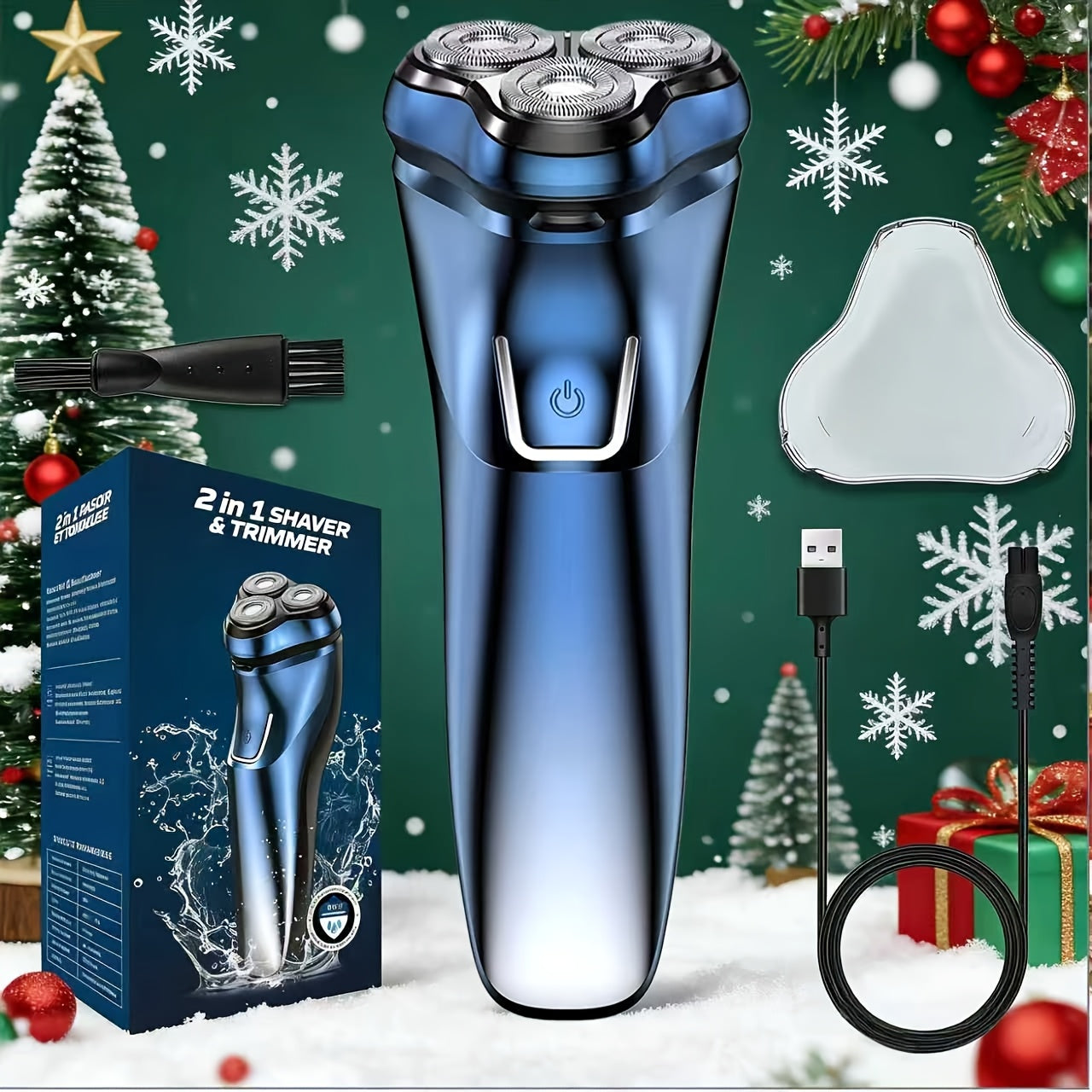 Three-Head Rotary Electric Shaver with Pop-Up Trimmer in Gunmetal or Blue Fade, ABS and Stainless Steel