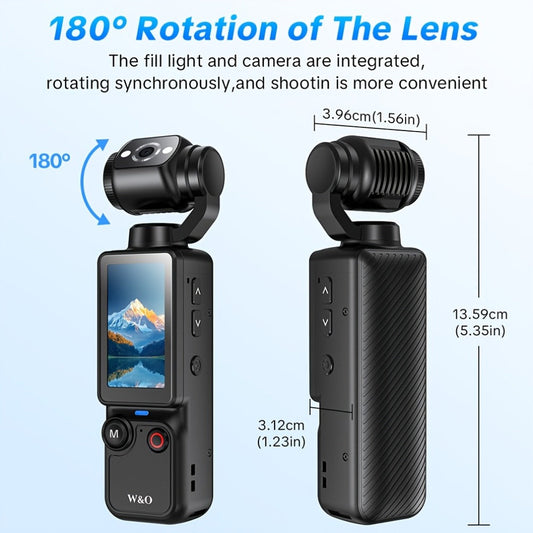4K Pocket Sports Camera with Gimbal Stabilizer 16X Zoom 180 Degree Rotation 2000mAh Rechargeable 32GB Memory USB Charging Portable Vlog Body Camera for Outdoor Sports Travel Content Creators Black White
