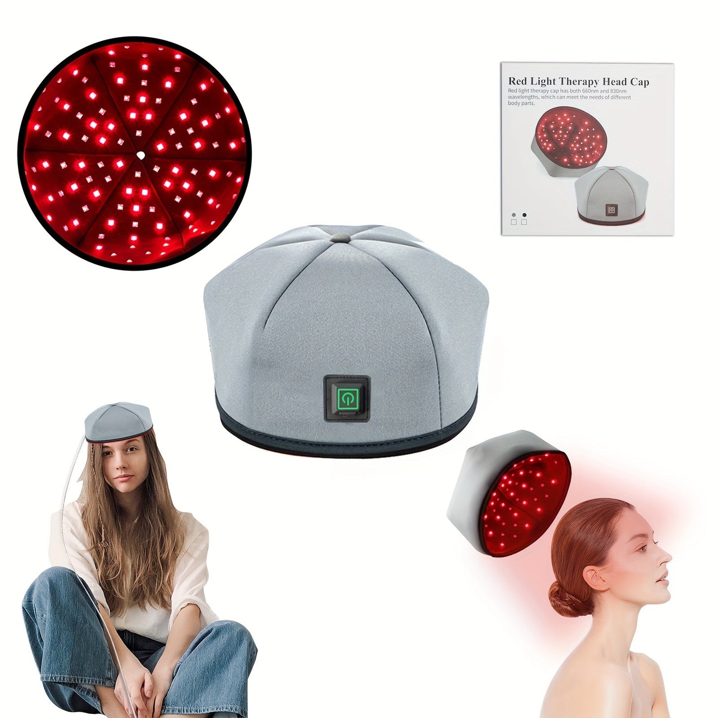 Wearable 120-LED Red and Near-Infrared Light Cap with 630nm and 820nm Modes in Black or Gray