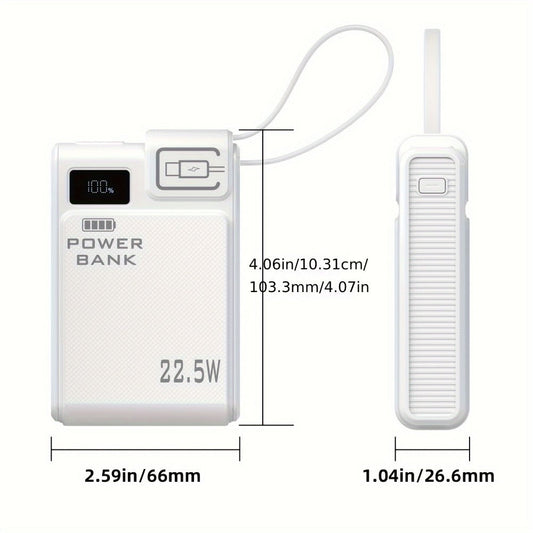 Power Bank 10000mAh 22.5W Fast Charging with Built-in USB-A USB-C Cables – 3 Ports LED Digital Display Portable Charger for iPhone Android Samsung iPad | White Black Green