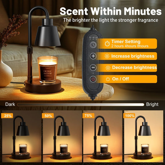 Candle Warmer Lamp 2 Pack with Timer & Dimmer – Electric Wax Warmer for Jar Candles, Adjustable Height 10.4–14.4", Black Metal, 2H/4H/8H Timer, 4-Level Dimming, Cozy Home Decor Gift