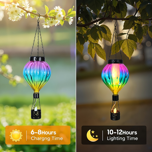 Solar Outdoor Lights Hot Air Balloon Hanging Lantern with Flame-Effect LED and Metal Frame for Garden Decor