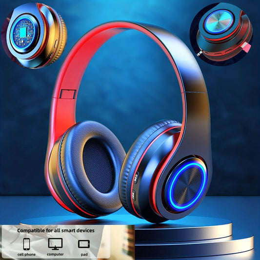 LED Light Over-Ear Wireless Headphones Deep Bass Subwoofer, Active Noise Cancelling Foldable Headset Bluetooth 5.3, Wired & Wireless Dual Mode AUX, USB Rechargeable for Gaming Music Sports