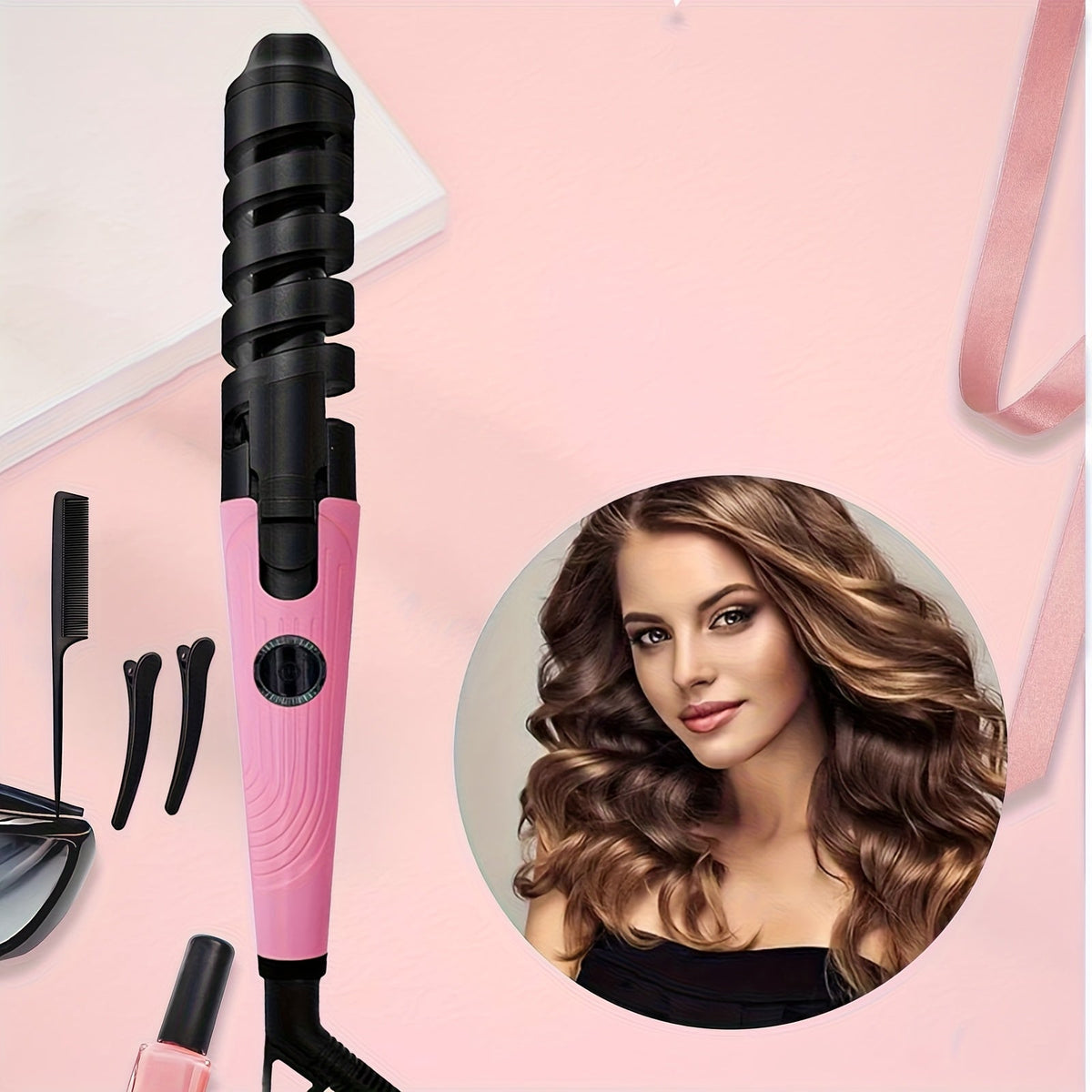 Spiral Curling Iron, Anti-Scald Fast Heating Curler for Long & Short Hair, Portable Rotating Barrel