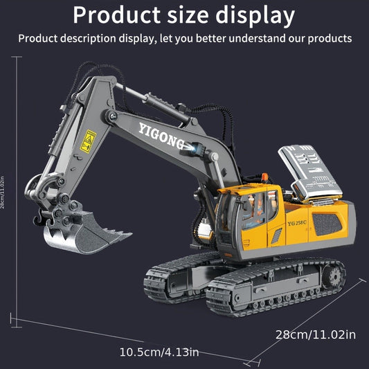 RC Excavator Toy 1:18 Scale 2.4GHz Remote Control with Metal Scoop 680-Degree Rotation Lights & Sound