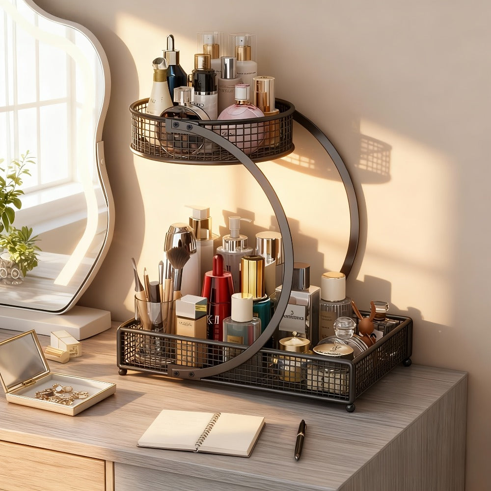 Three-Tier Metal Makeup Organizer with Round Baskets, Tissue Holder and White Iron Frame Design